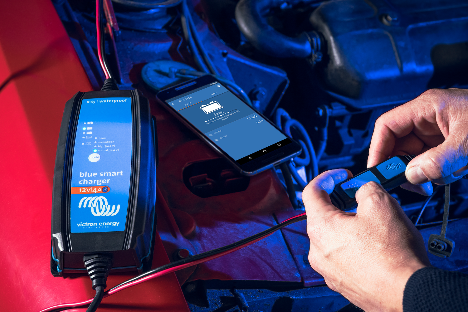Victron Energy's range of professional battery chargers for devices in your workshop and on motor vehicles, such as (classic) cars; motorbikes; boats and camper-vans.