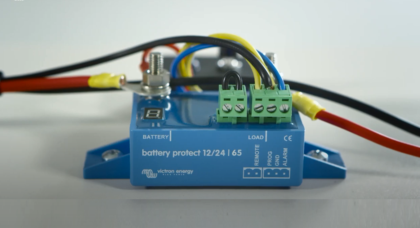 Victron's battery protect range with or without built-in Bluetooth connectivity available online. The BatteryProtect disconnects the battery from non essential loads before it is completely discharged.