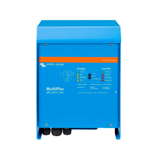 Victon Energy MultiPlus 4kH 3000|36V inverter and charger combo unit in bright blue metal casing with an orange accent strip and white printed labels.