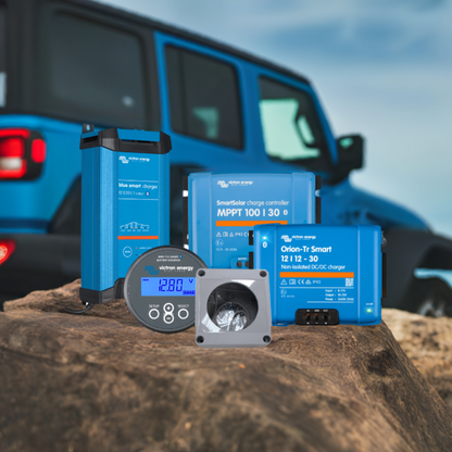 victron energy charging kit sitting on stone with a 4x4 in the background